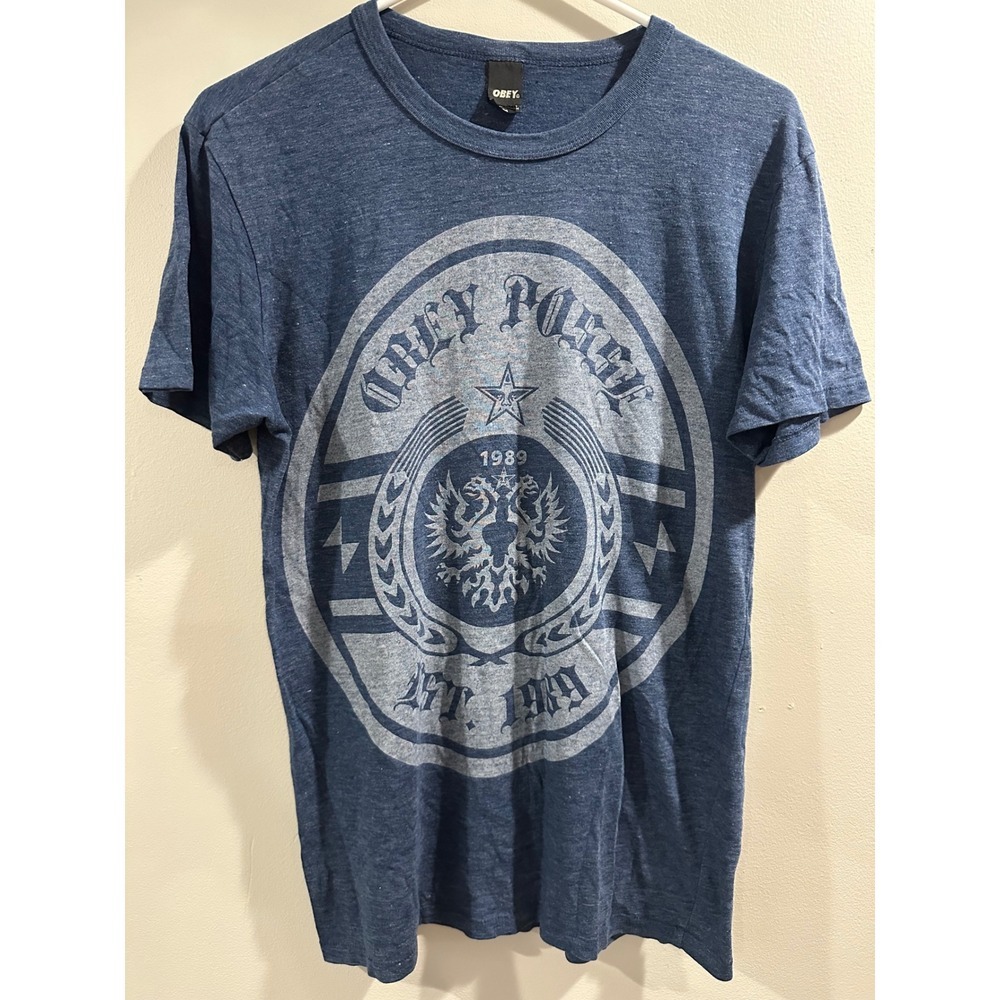 Obey Propaganda Mens Blue Heather Graphic T-Shirt Posse Eagle Crest Size M